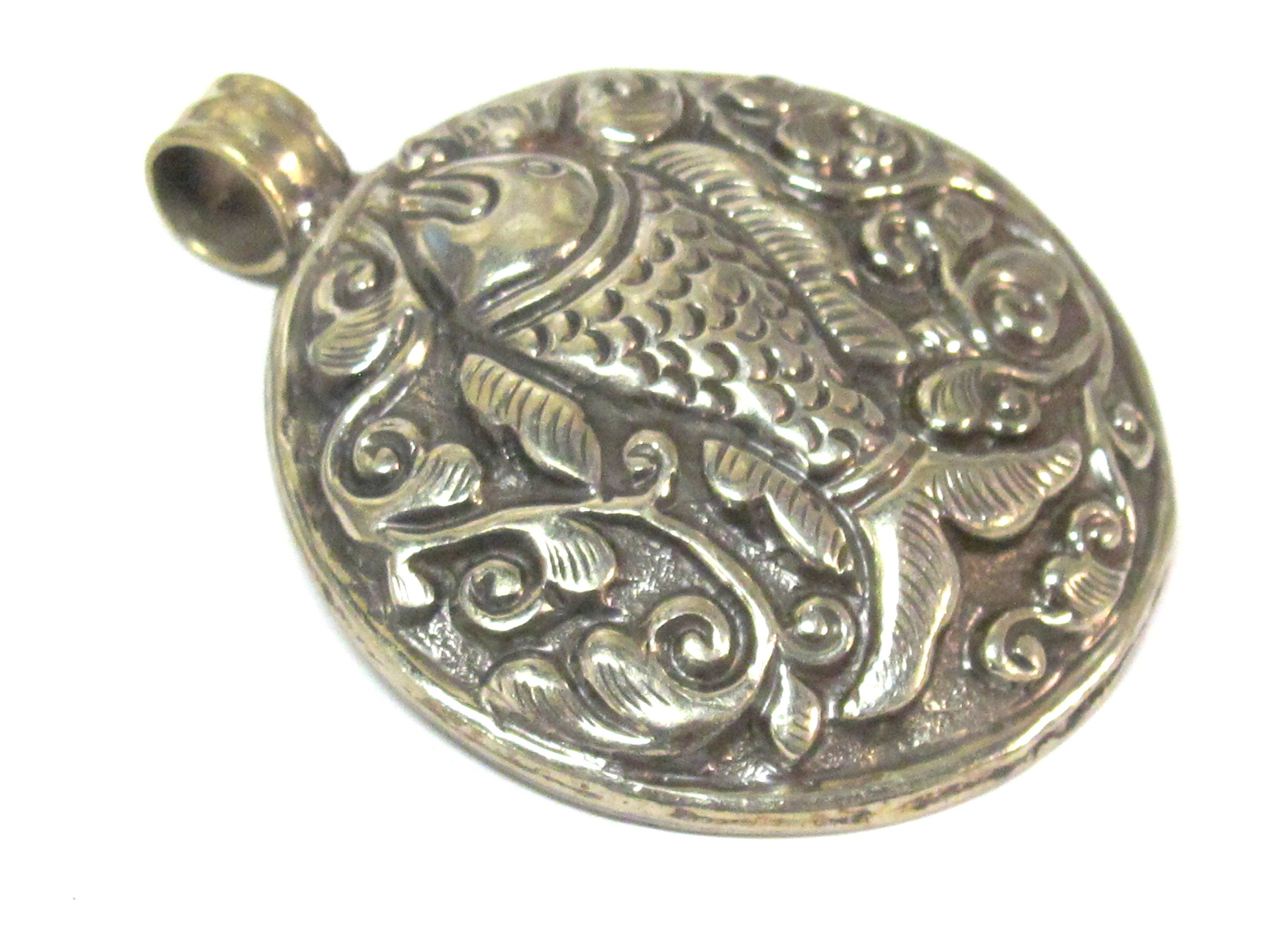 Large size Tibetan antiqued silver finish repousse Fish pendant with reverse side carving Nepal - PM351V