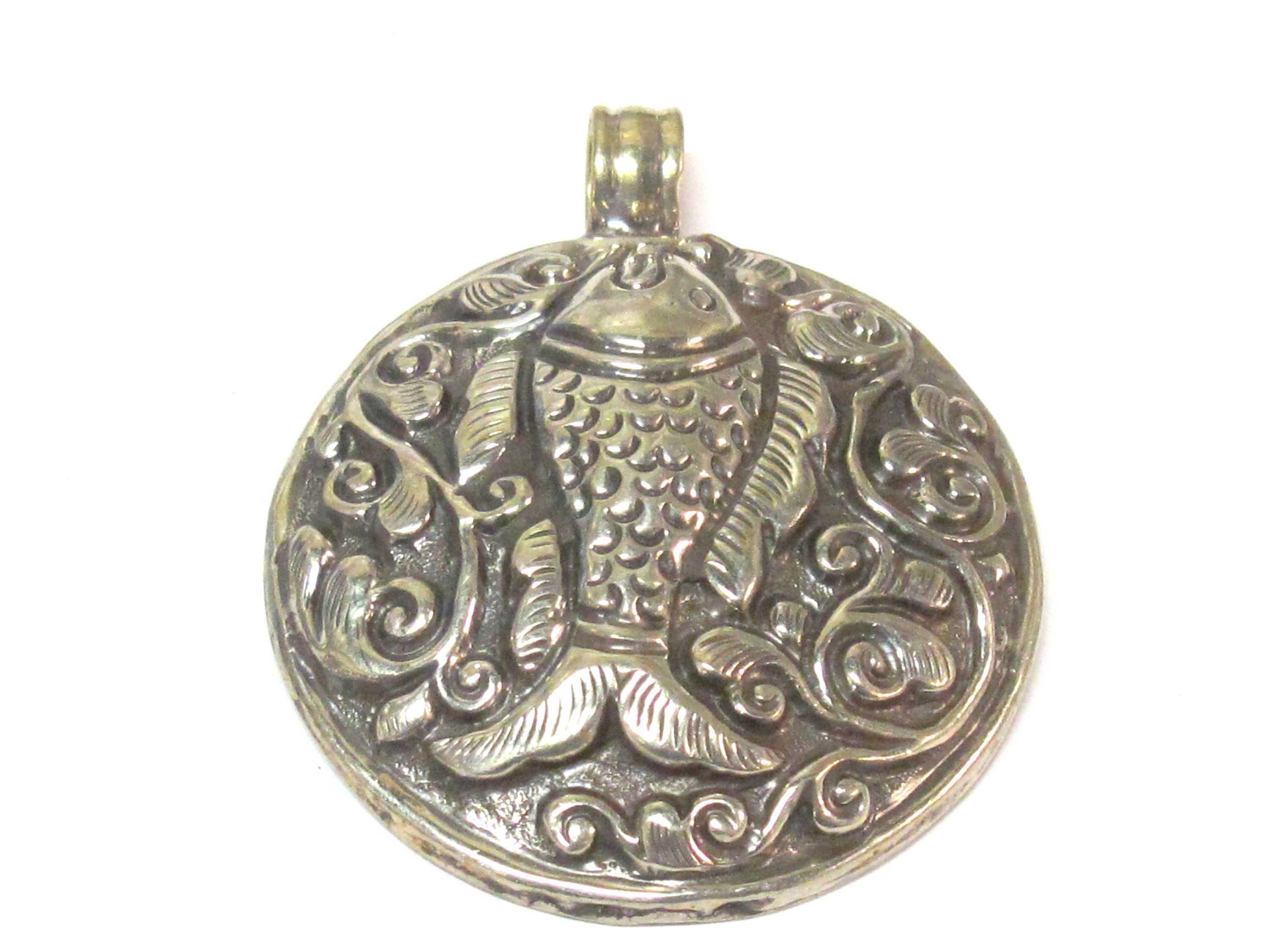 Large size Tibetan antiqued silver finish repousse Fish pendant with reverse side carving Nepal - PM351V