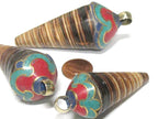1 Pendant - Ethnic Tibetan Nepal conical shell pendant with brass cap inlaid turquoise - PM417K