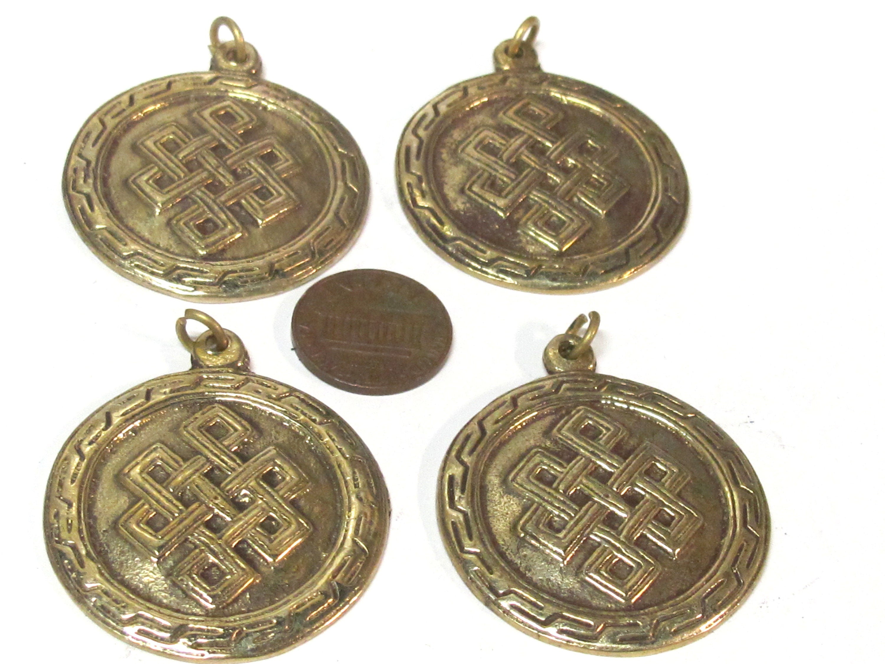 1 Pendant - Tibetan brass infinity knot endless knot symbol with reverse side om mantra pendant from Nepal - CP139