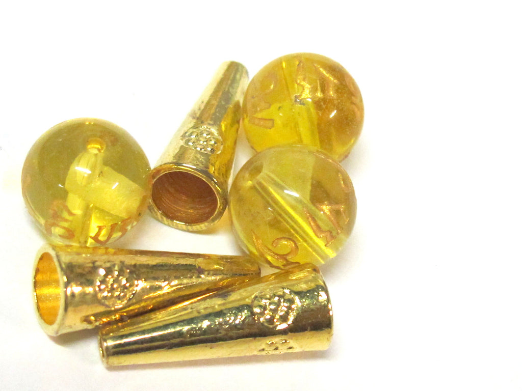 1 Guru Bead set - 12 mm size Tibetan om mantra etched golden honey lemon color synthetic quartz Guru bead and gold color cone bead - GB067