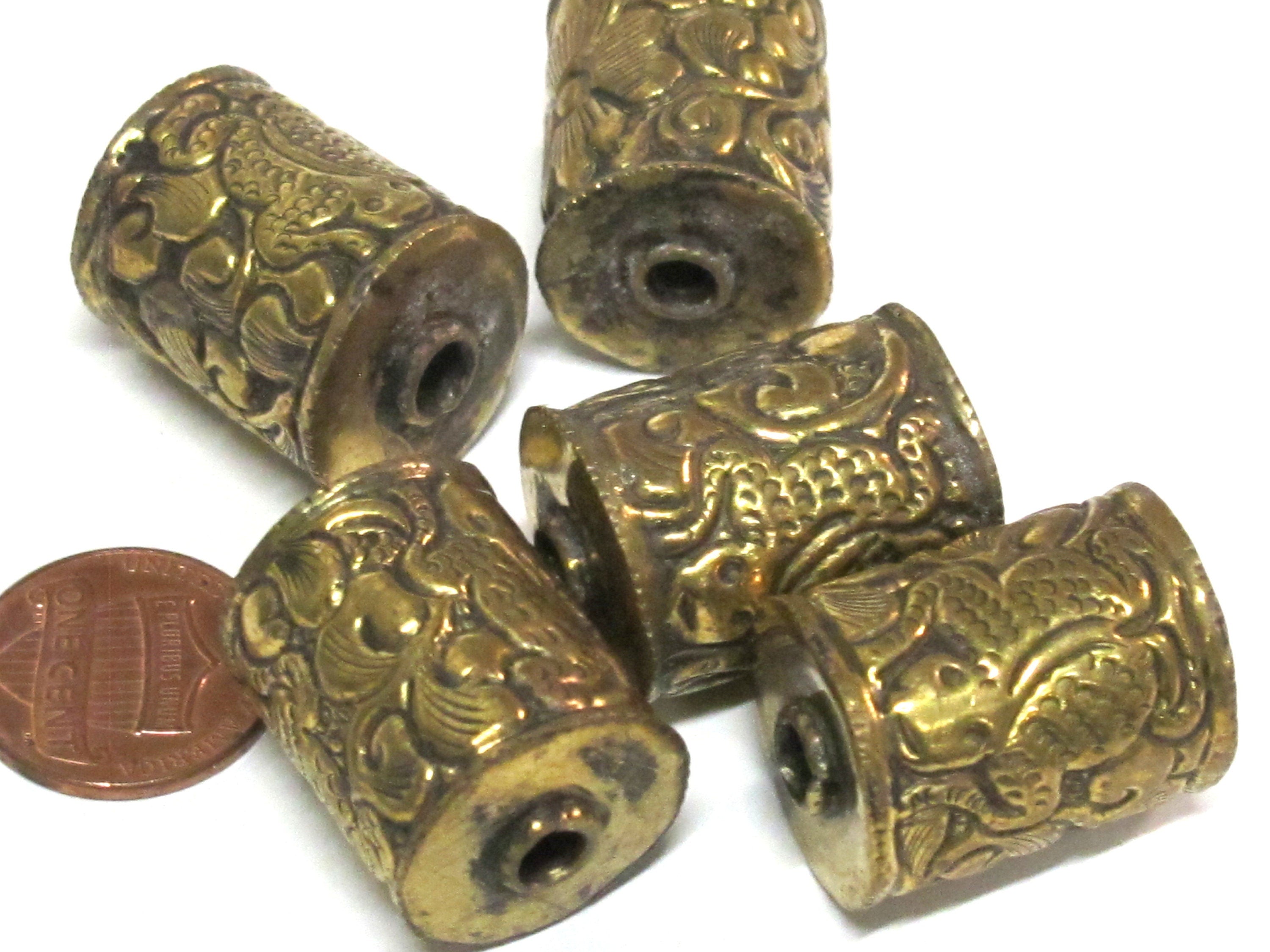 1 BEAD - Tibetan brass bead with frog repousse design - BD893C
