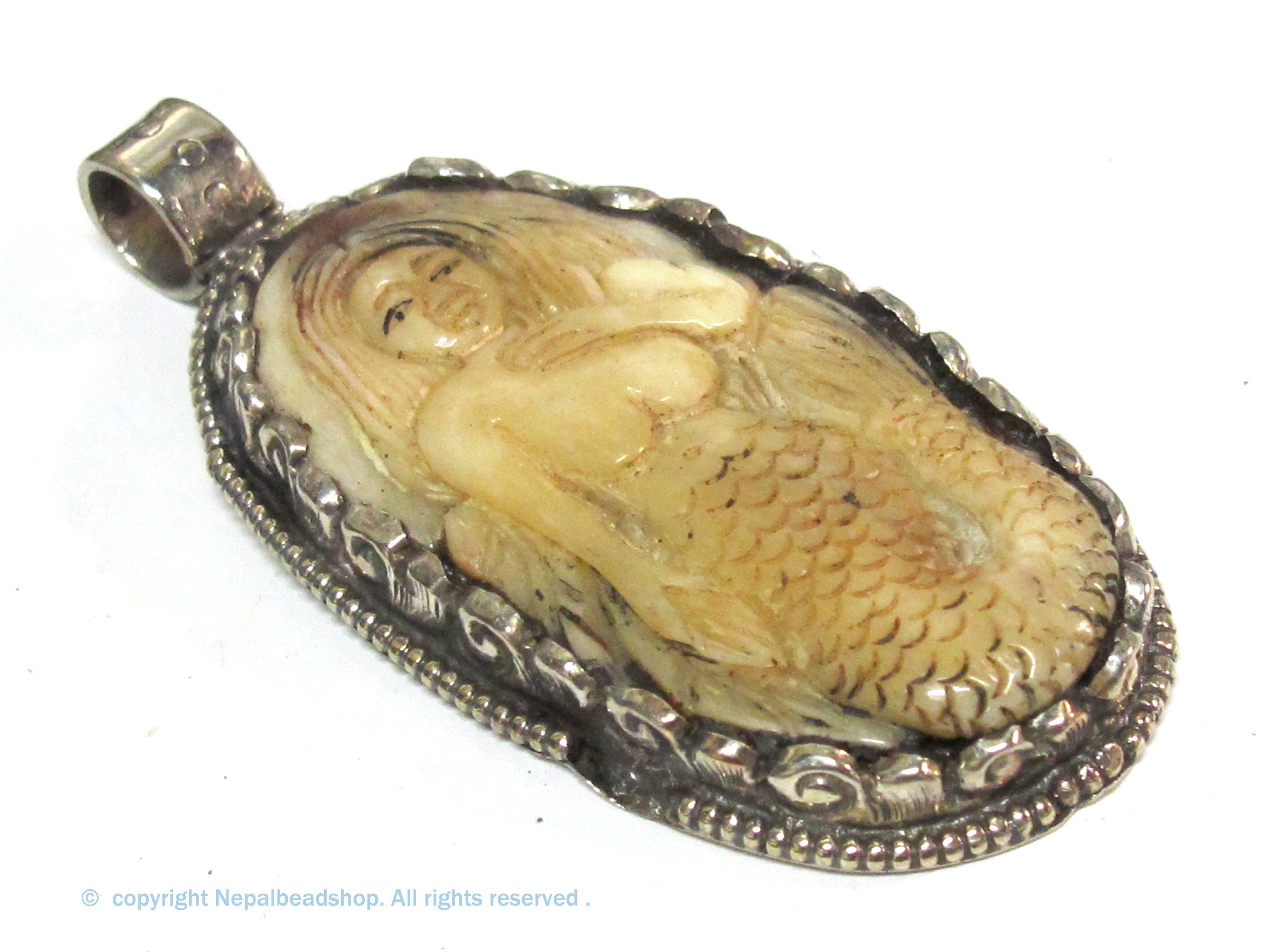 Mermaid pendant jewelry Unique large size carved recycled cattle bone pendant mermaid design and floral carving on reverse side - PB008F