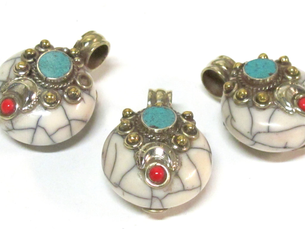 Reversible Tibetan Nepal small size white color crackle resin pendant with brass and turquoise inlay jewelry making supply - PM394B