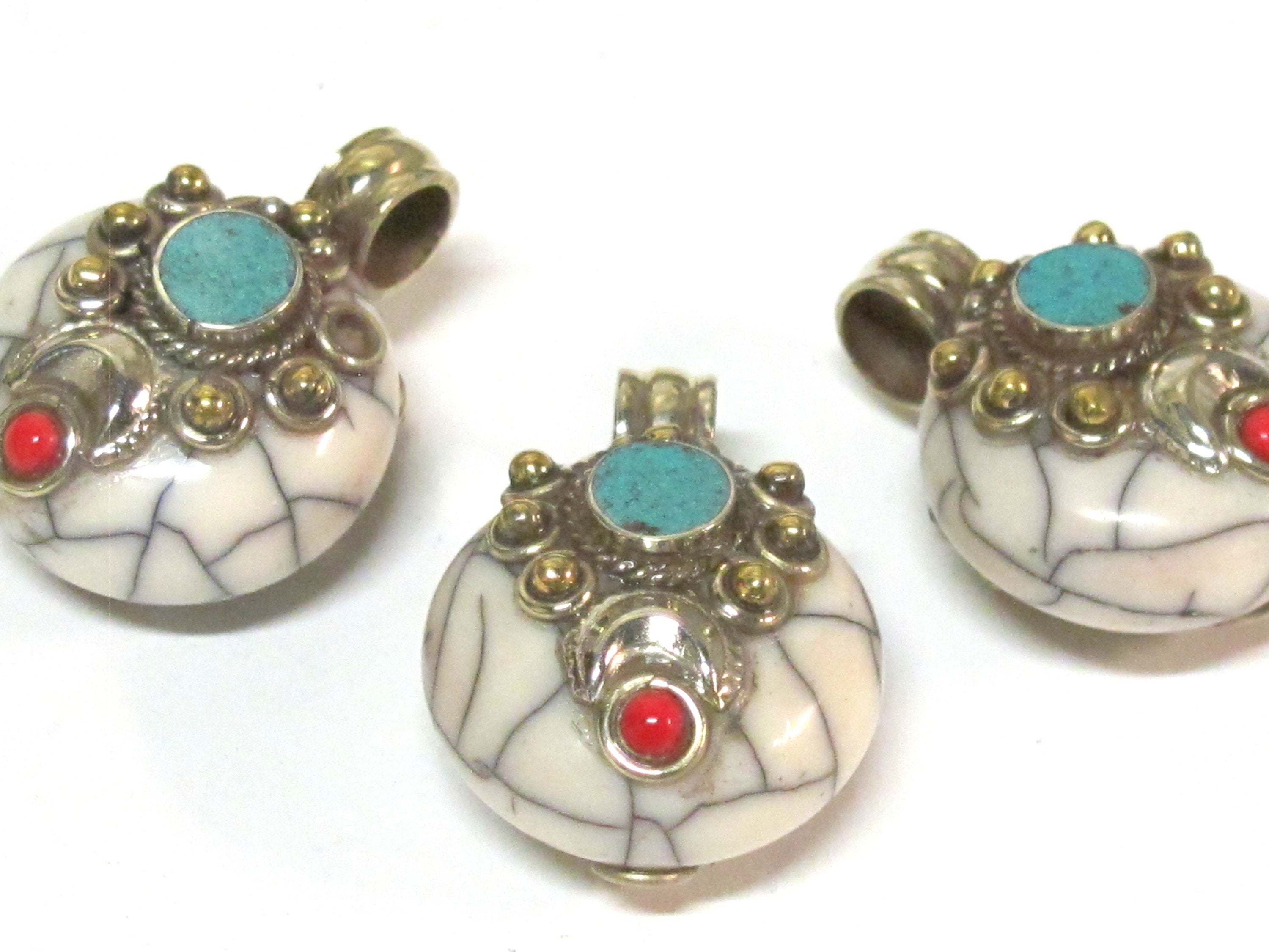 Reversible Tibetan Nepal small size white color crackle resin pendant with brass and turquoise inlay jewelry making supply - PM394B