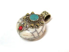 Reversible Tibetan Nepal small size white color crackle resin pendant with brass and turquoise inlay jewelry making supply - PM394B