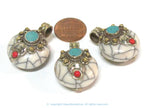 Reversible Tibetan Nepal small size white color crackle resin pendant with brass and turquoise inlay jewelry making supply - PM394B