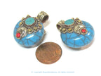 1 pendant - Reversible Tibetan Nepal small size blue color crackle resin pendant with brass and turquoise inlay- PM394C