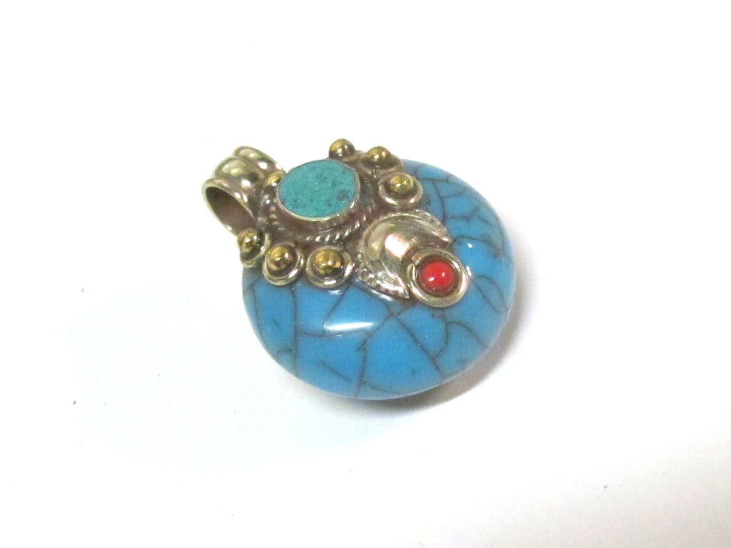 1 pendant - Reversible Tibetan Nepal small size blue color crackle resin pendant with brass and turquoise inlay- PM394C