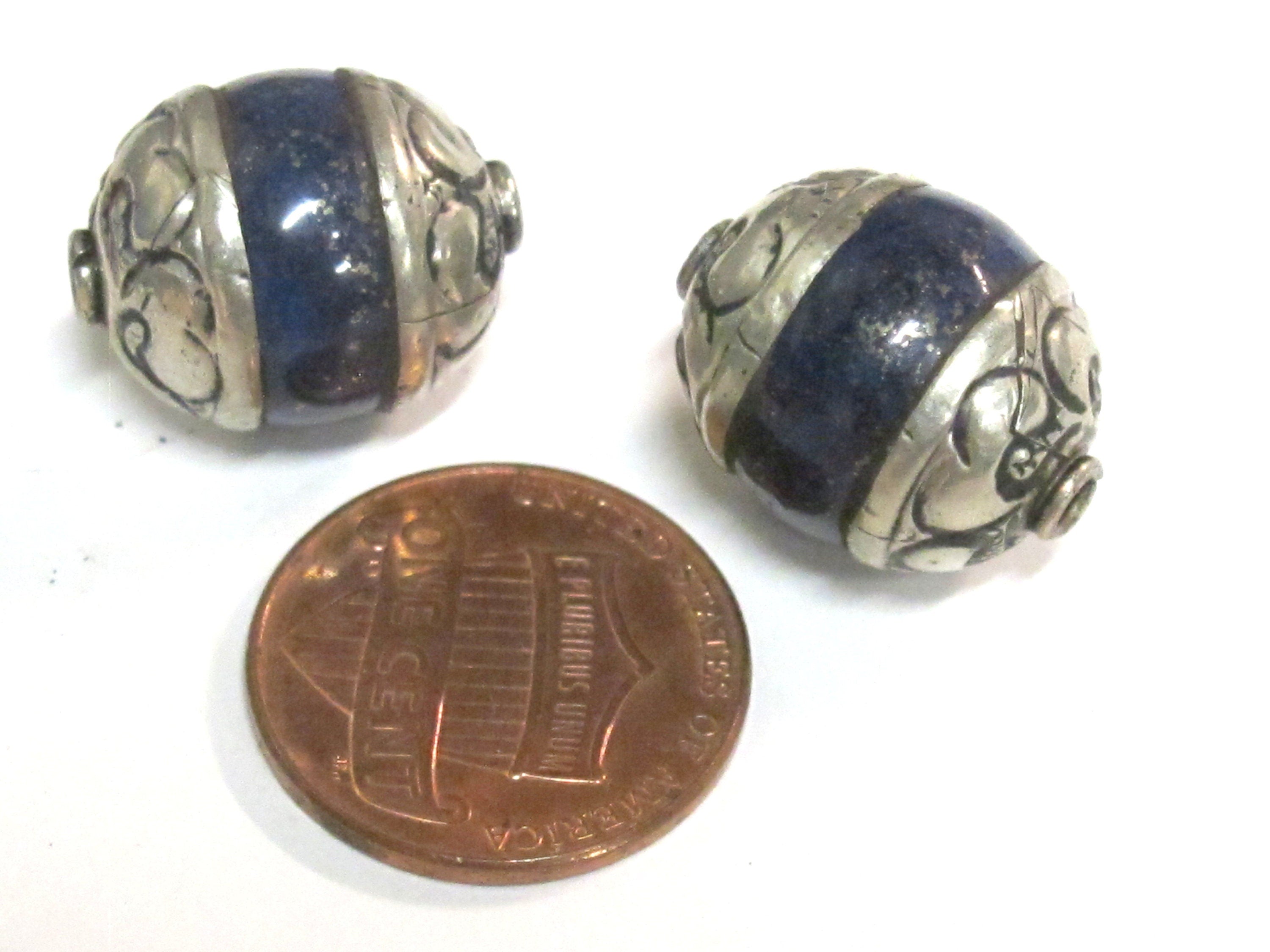 1 BEAD Tibetan capped Lapis Lazuli gemstone bead- 17 - 18 mm long x 13 - 14 mm thick BD154A