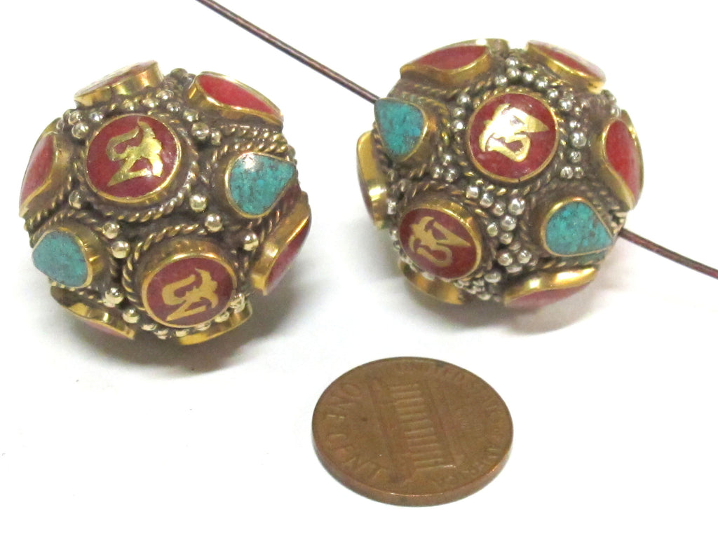 1 Bead - Large Oval ball shape Tibetan Om Brass filigree bead with turquoise inlay - BD428K