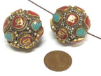 1 Bead - Large Oval ball shape Tibetan Om Brass filigree bead with turquoise inlay - BD428K