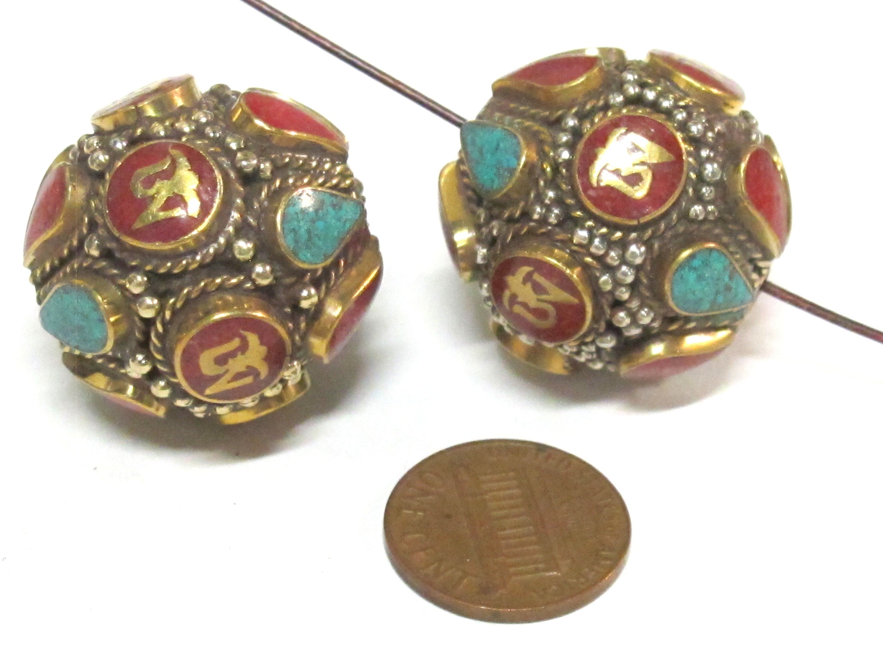 1 Bead - Large Oval ball shape Tibetan Om Brass filigree bead with turquoise inlay - BD428K