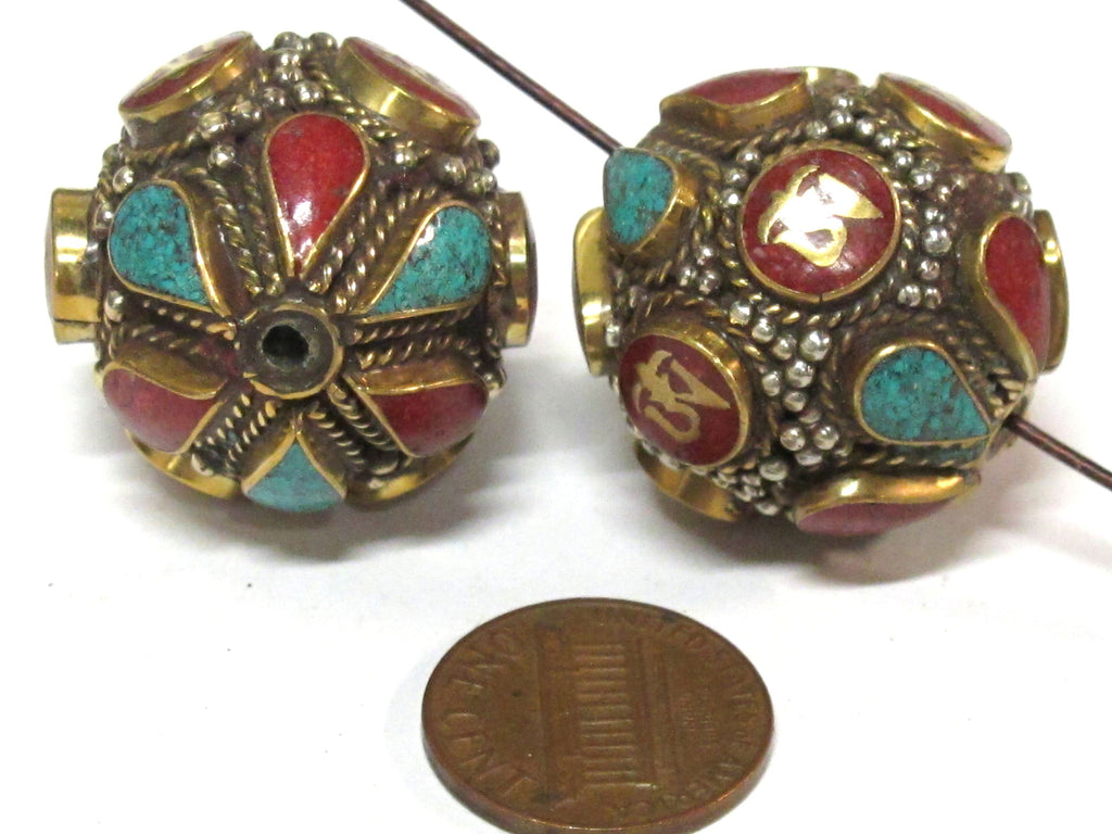 1 Bead - Large Oval ball shape Tibetan Om Brass filigree bead with turquoise inlay - BD428K
