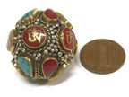 1 Bead - Large Oval ball shape Tibetan Om Brass filigree bead with turquoise inlay - BD428K