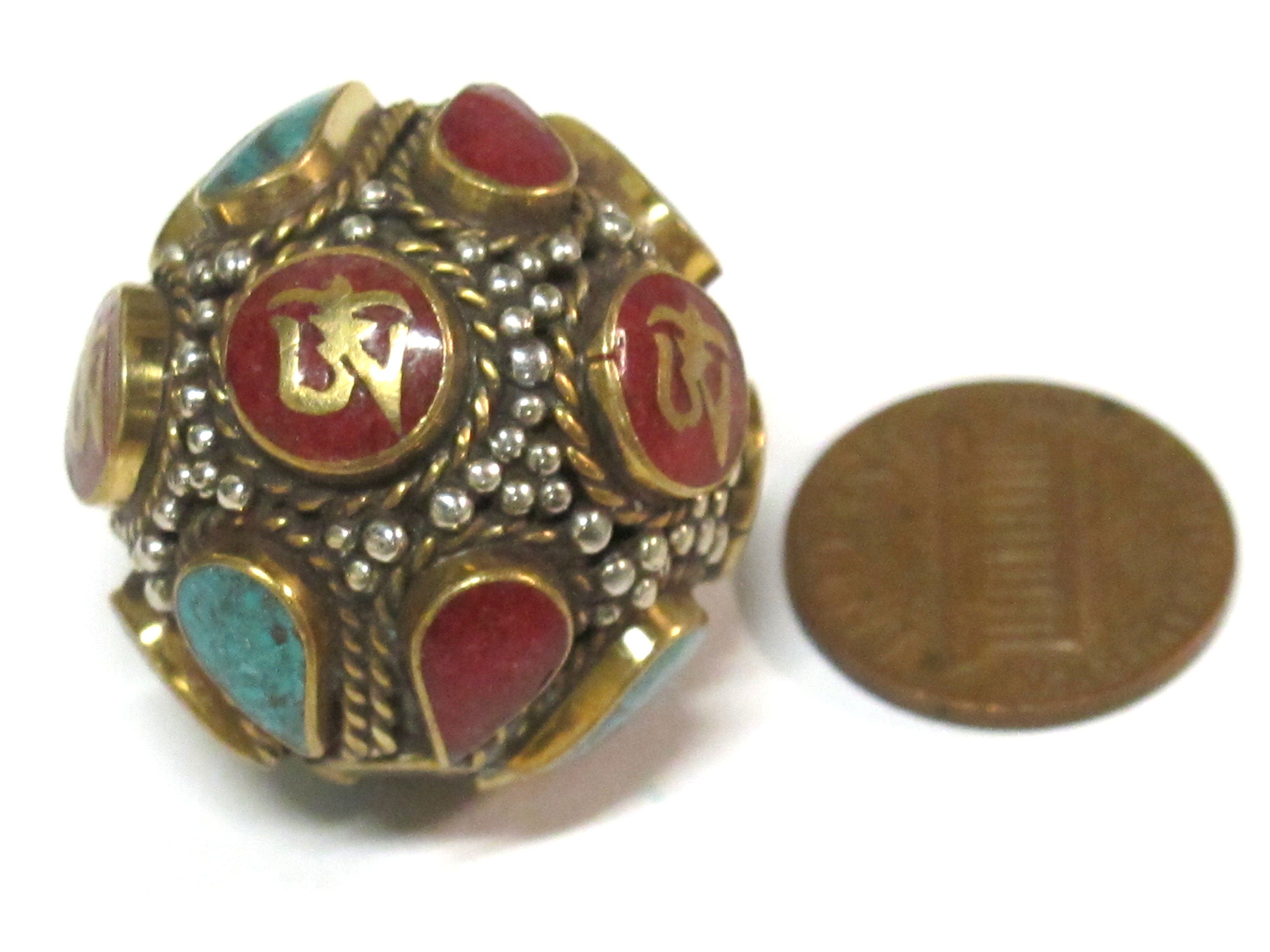 1 Bead - Large Oval ball shape Tibetan Om Brass filigree bead with turquoise inlay - BD428K