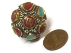 1 Bead - Large Oval ball shape Tibetan Om Brass filigree bead with turquoise inlay - BD428K