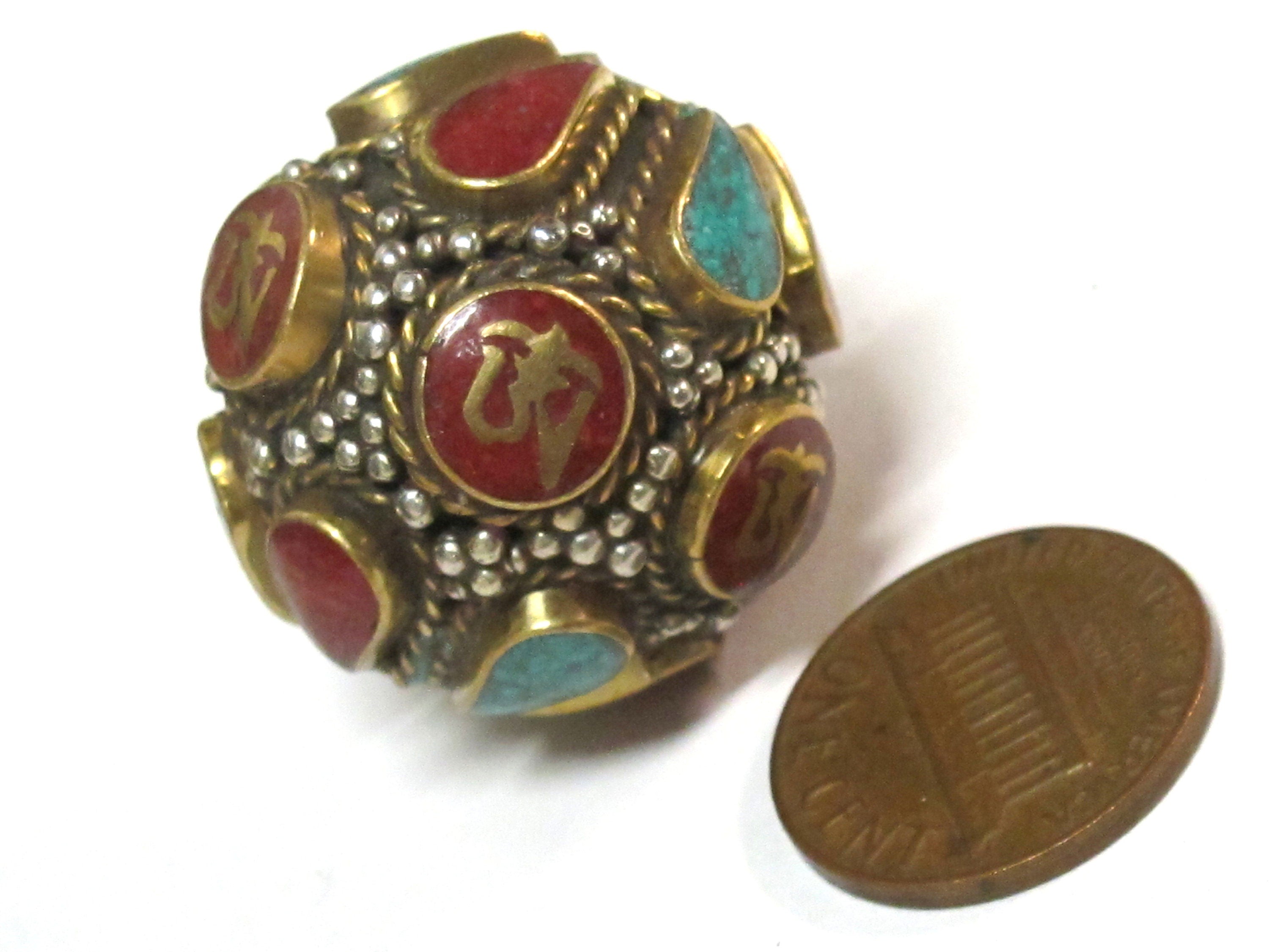 1 Bead - Large Oval ball shape Tibetan Om Brass filigree bead with turquoise inlay - BD428K