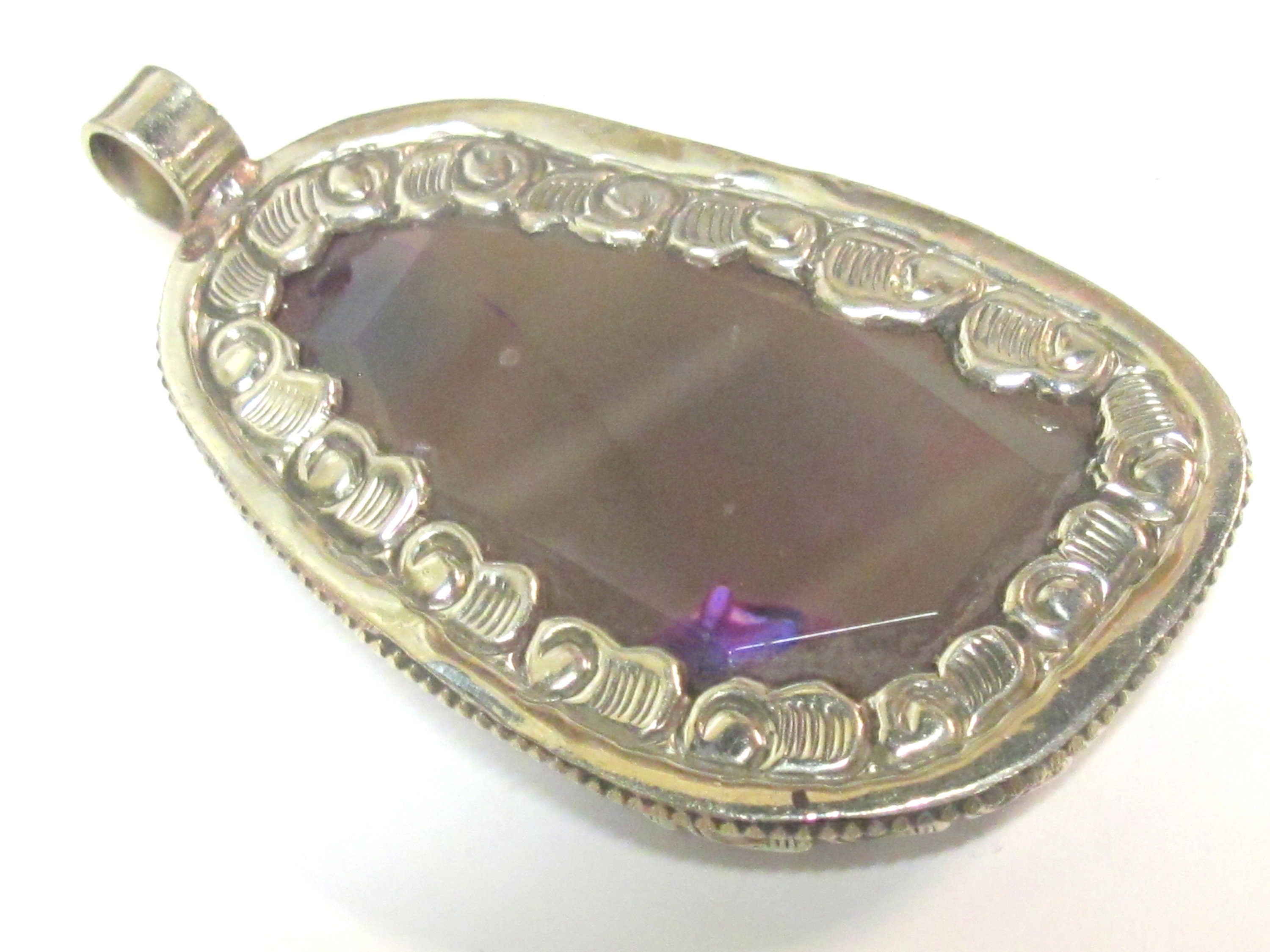 OOAK Large Big Tibetan agate gemstone pendant with floral design - PM581RF