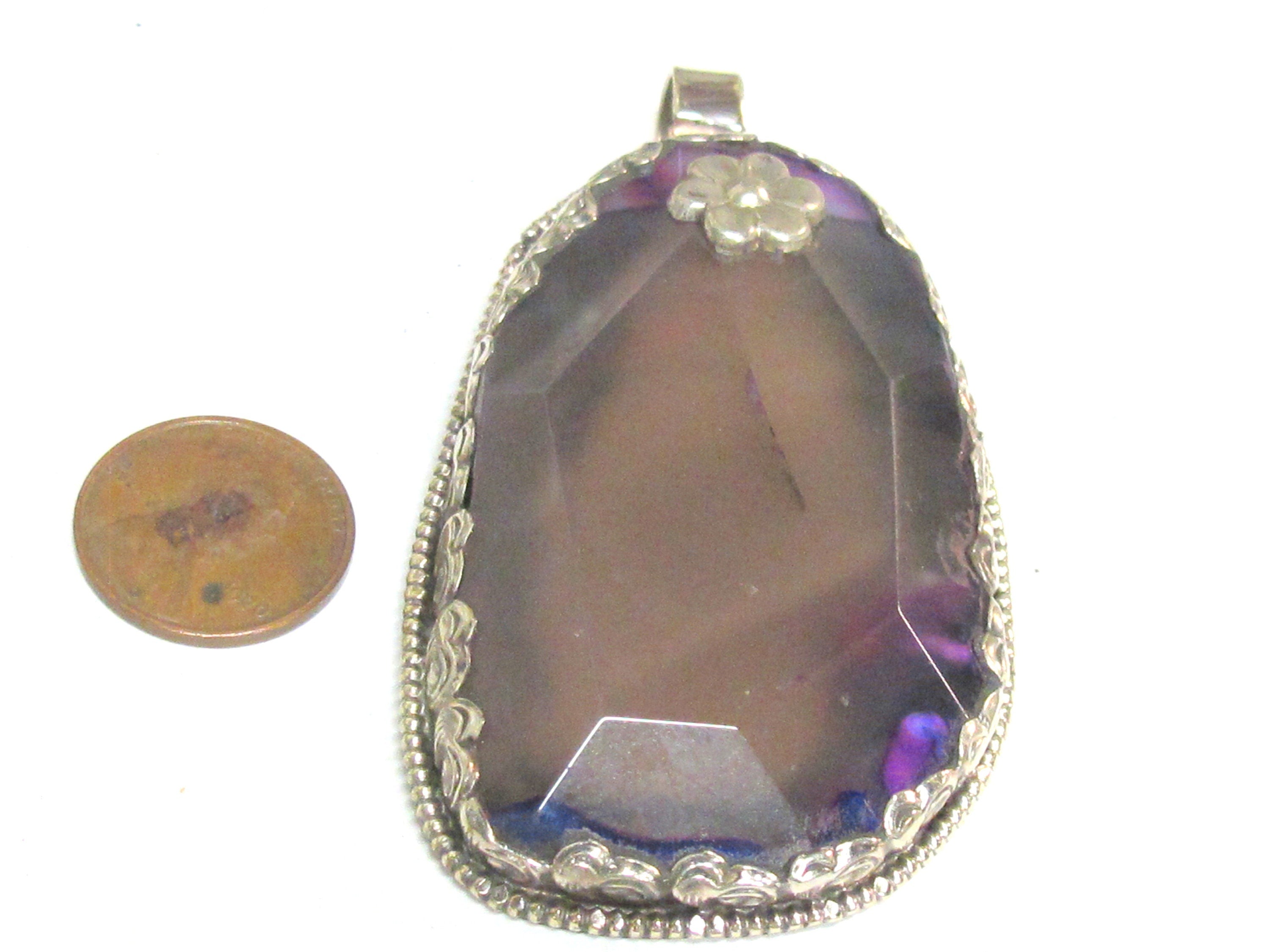 OOAK Large Big Tibetan agate gemstone pendant with floral design - PM581RF