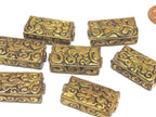 4 beads lot - Rectangular cube shape Tibetan brass repousse random mix floral animal bird carving beads Nepal - BD631K