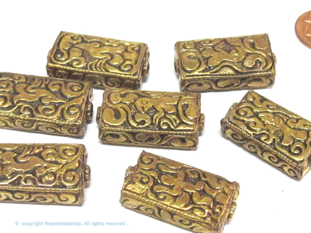 4 beads lot - Rectangular cube shape Tibetan brass repousse random mix floral animal bird carving beads Nepal - BD631K