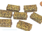 4 beads lot - Rectangular cube shape Tibetan brass repousse random mix floral animal bird carving beads Nepal - BD631K