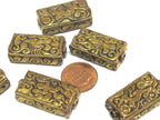 4 beads lot - Rectangular cube shape Tibetan brass repousse random mix floral animal bird carving beads Nepal - BD631K