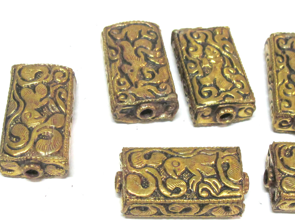 4 beads lot - Rectangular cube shape Tibetan brass repousse random mix floral animal bird carving beads Nepal - BD631K