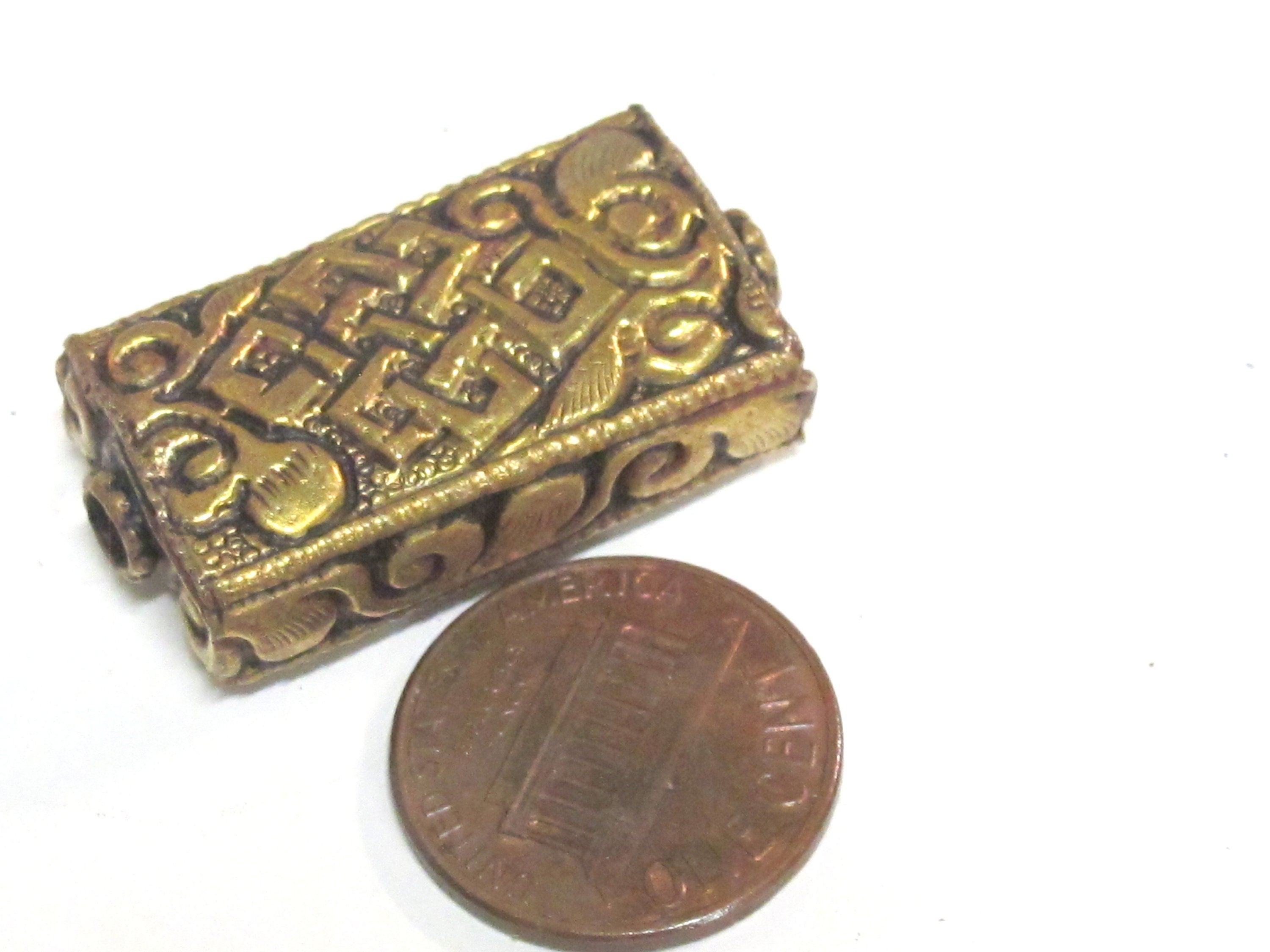 1 bead - Rectangular cube shape Tibetan repousse infinity knot symbol design golden finish brass bead Nepal - BD631M