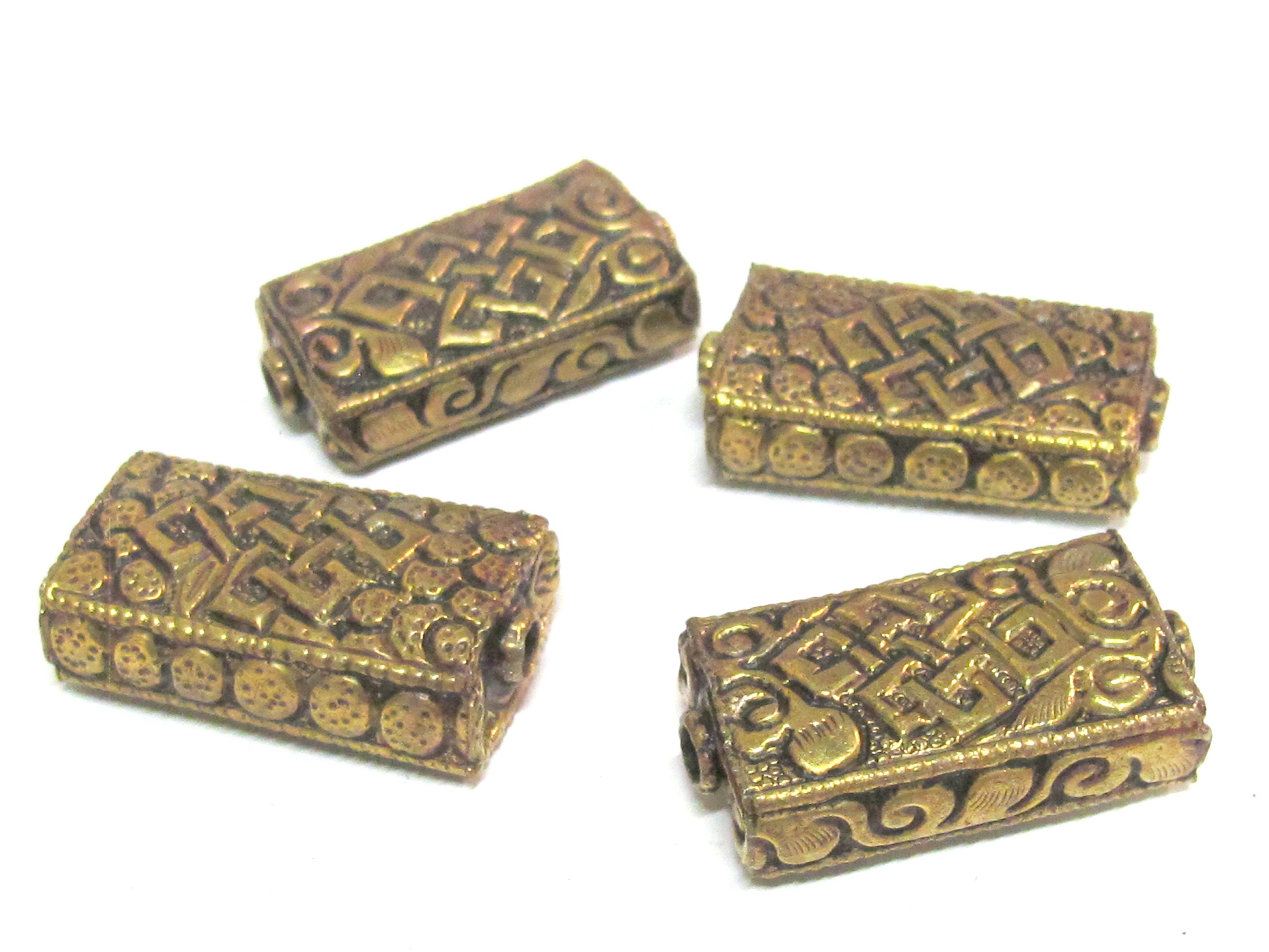 1 bead - Rectangular cube shape Tibetan repousse infinity knot symbol design golden finish brass bead Nepal - BD631M