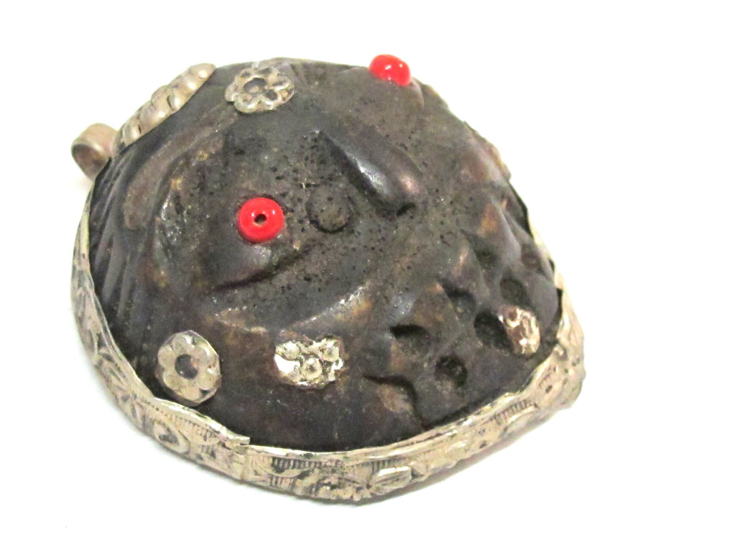 1 Pendant - Unique large tribal carved face recycled cattle bone pendant from Nepal encased in tibetan silver color carved bail - PB118A