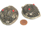 1 Pendant - Unique large tribal carved face recycled cattle bone pendant from Nepal encased in tibetan silver color carved bail - PB118A