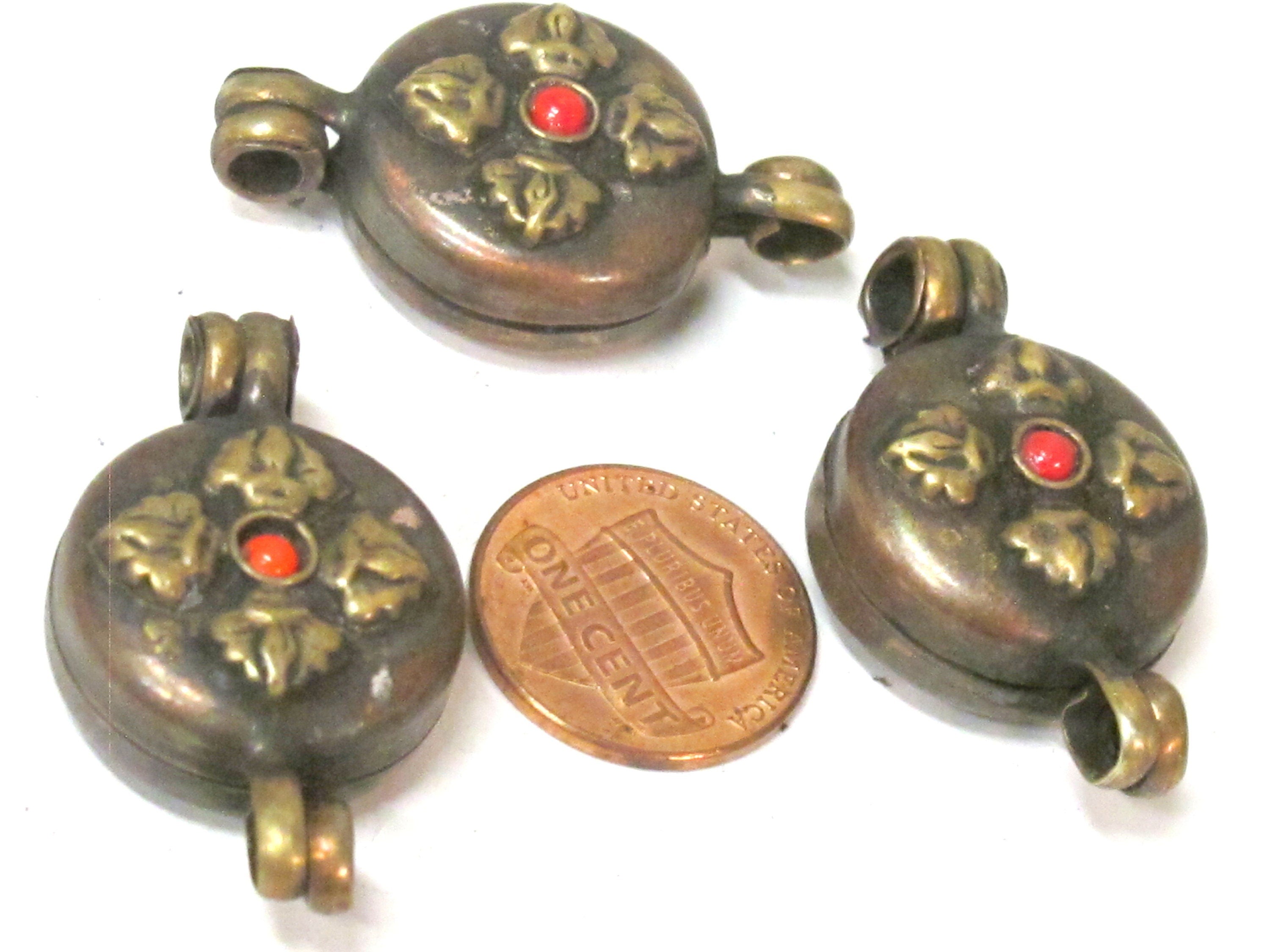 1 Pendant - Small size Tibetan Nepal double dorje prayer kalamantra box rustic finish copper pendant - PM306B