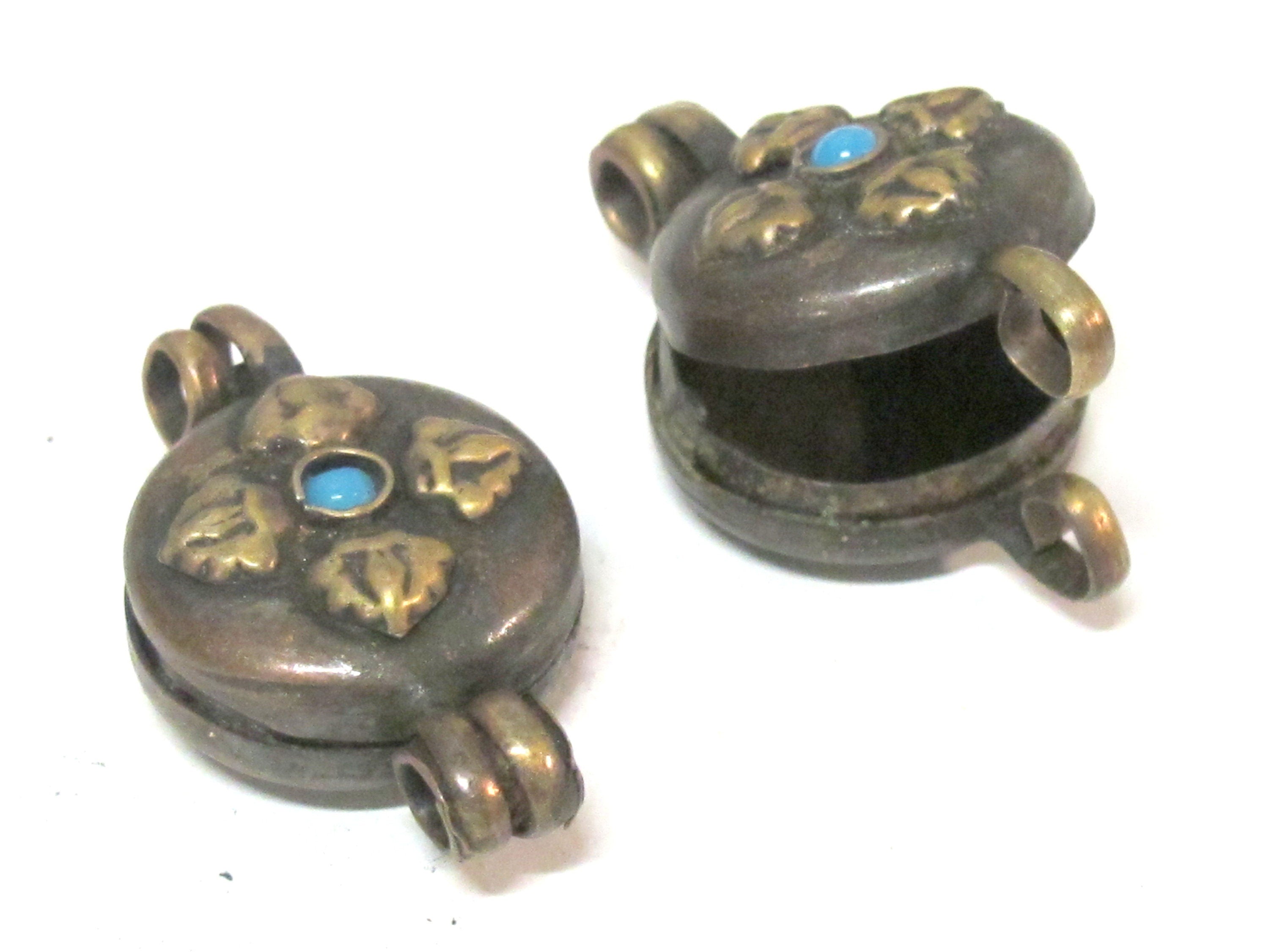 1 Pendant - Small size Tibetan Nepal double dorje prayer kalamantra box rustic finish copper pendant - PM306C