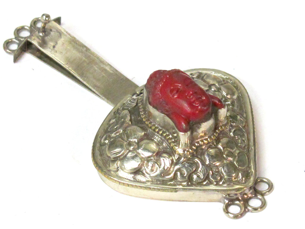 1 clasp - Large triangular heart shape ethnic Tibetan silver finish red buddha box clasp pendant from Nepal - LN039G