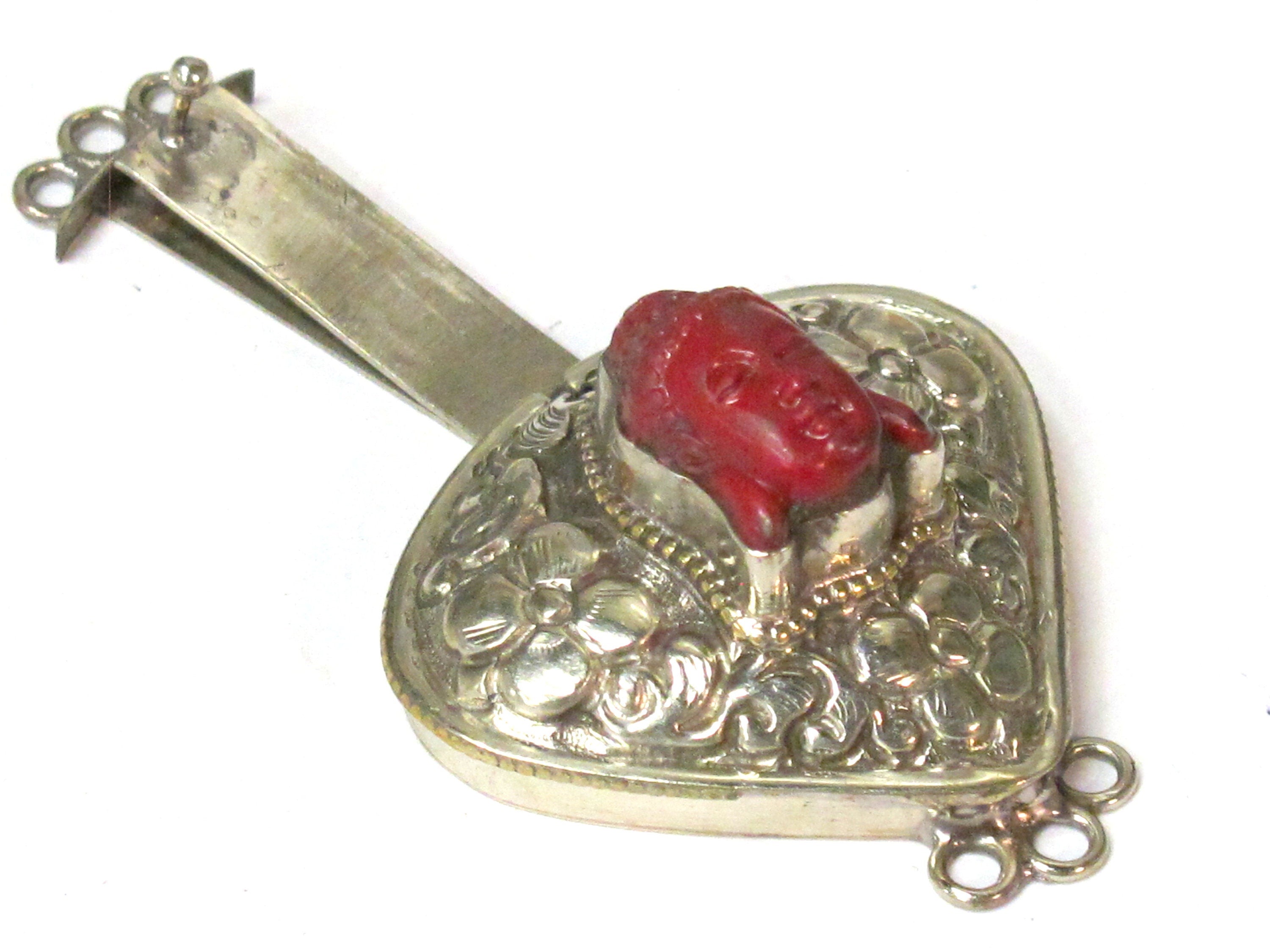 1 clasp - Large triangular heart shape ethnic Tibetan silver finish red buddha box clasp pendant from Nepal - LN039G