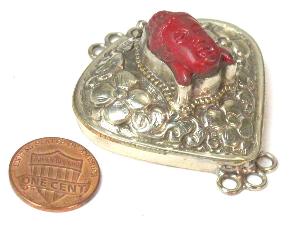 1 clasp - Large triangular heart shape ethnic Tibetan silver finish red buddha box clasp pendant from Nepal - LN039G