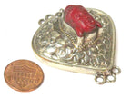 1 clasp - Large triangular heart shape ethnic Tibetan silver finish red buddha box clasp pendant from Nepal - LN039G