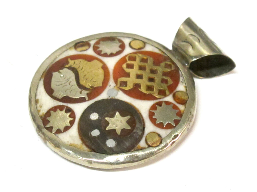 1 Pendant - Reversible round white cream color sun moon star tibetan recycled cattle bone pendant with infinity knot fish symbol - PM176K