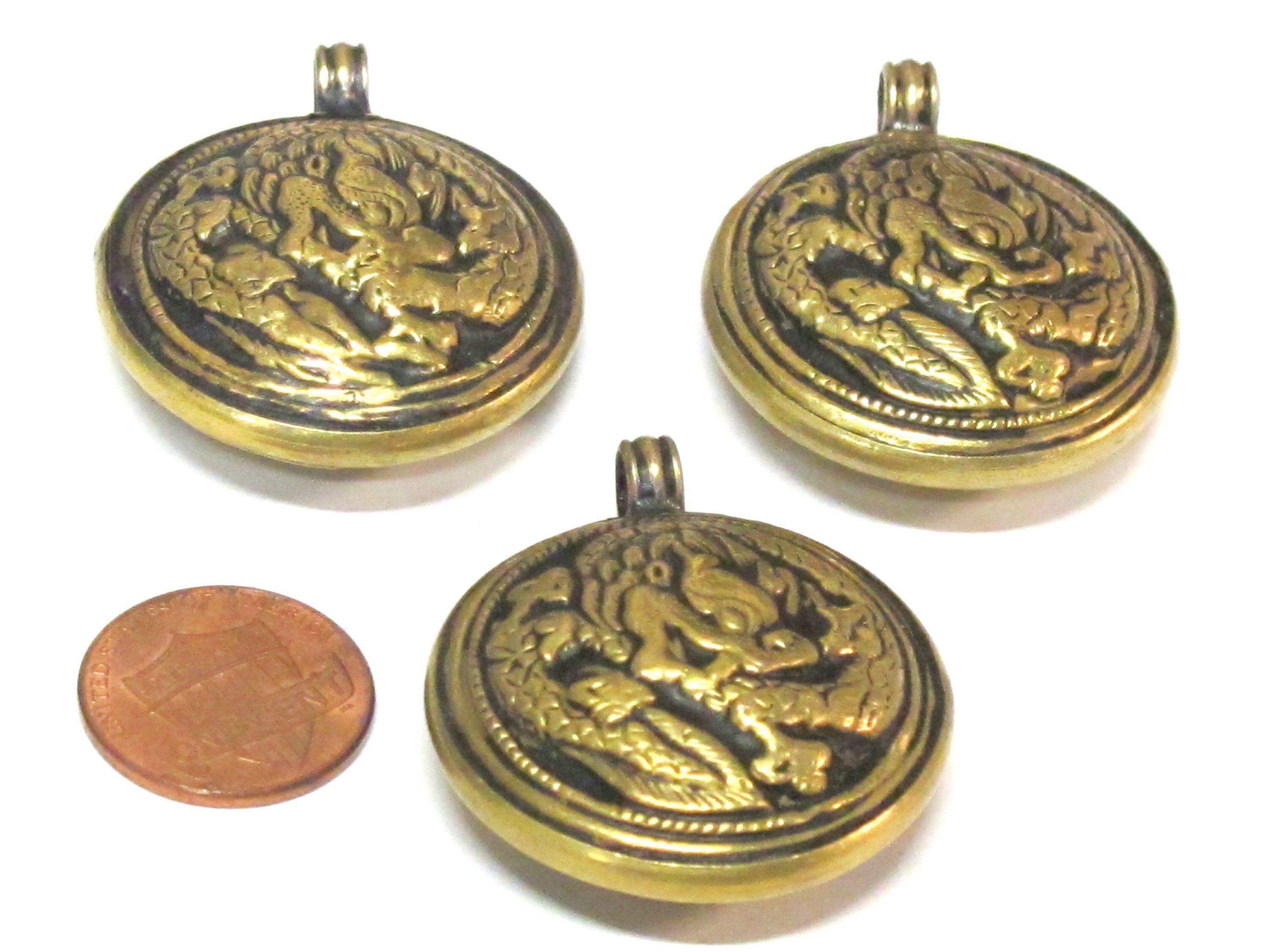 1 Pendant - Tibetan Brass reversible dragon pendant ethnic design brass filigree repousse carving Nepal - PM614