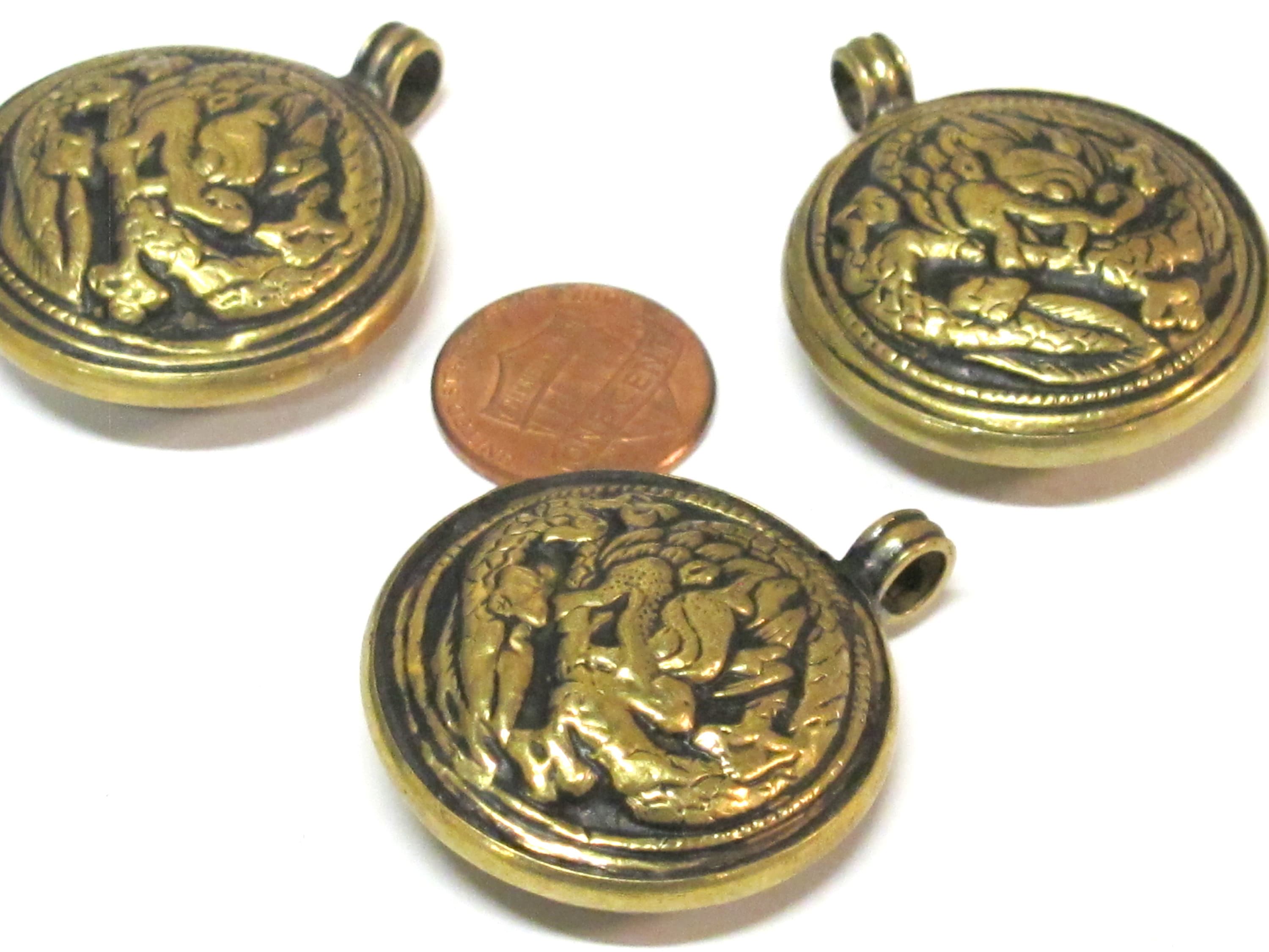 1 Pendant - Tibetan Brass reversible dragon pendant ethnic design brass filigree repousse carving Nepal - PM614