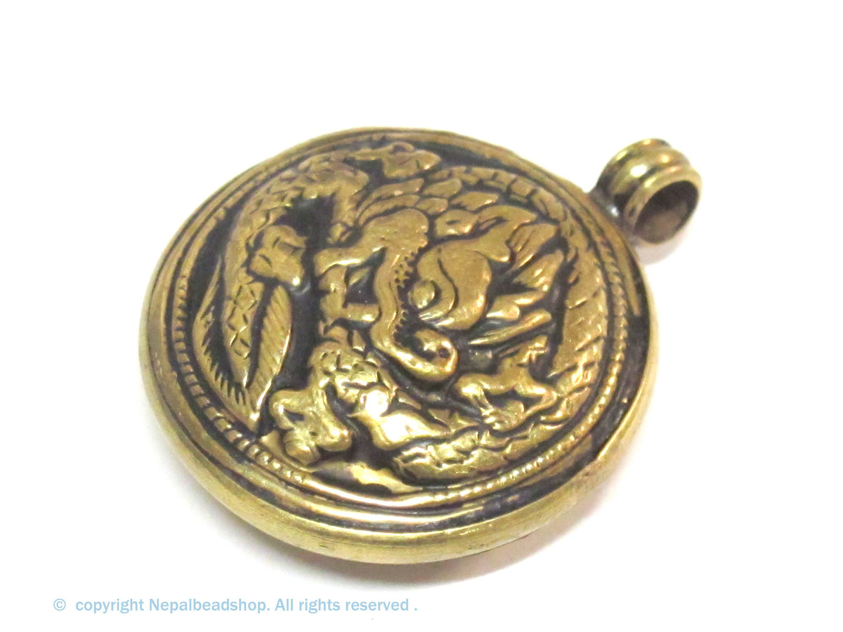 1 Pendant - Tibetan Brass reversible dragon pendant ethnic design brass filigree repousse carving Nepal - PM614