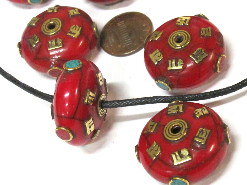 1 BEAD - Large 26 mm red color crackle resin Tibetan Om mani bead with brass , turquoise and inlay - BD719K