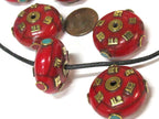 1 BEAD - Large 26 mm red color crackle resin Tibetan Om mani bead with brass , turquoise and inlay - BD719K