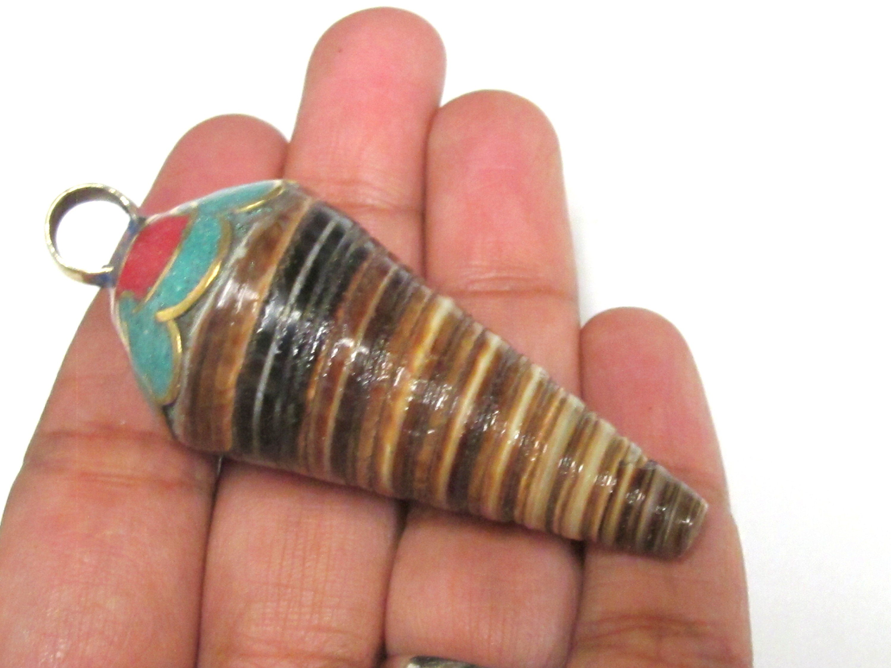 1 Pendant - Ethnic Tibetan Nepal conical shell pendant with brass cap inlaid turquoise - PM417K