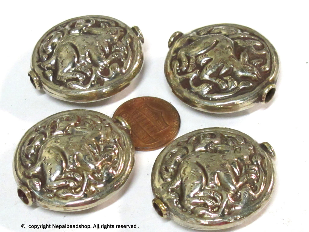 1 Bead - Large size Tibetan antiqued silver color finish repousse rabbit design focal bead - BD424B
