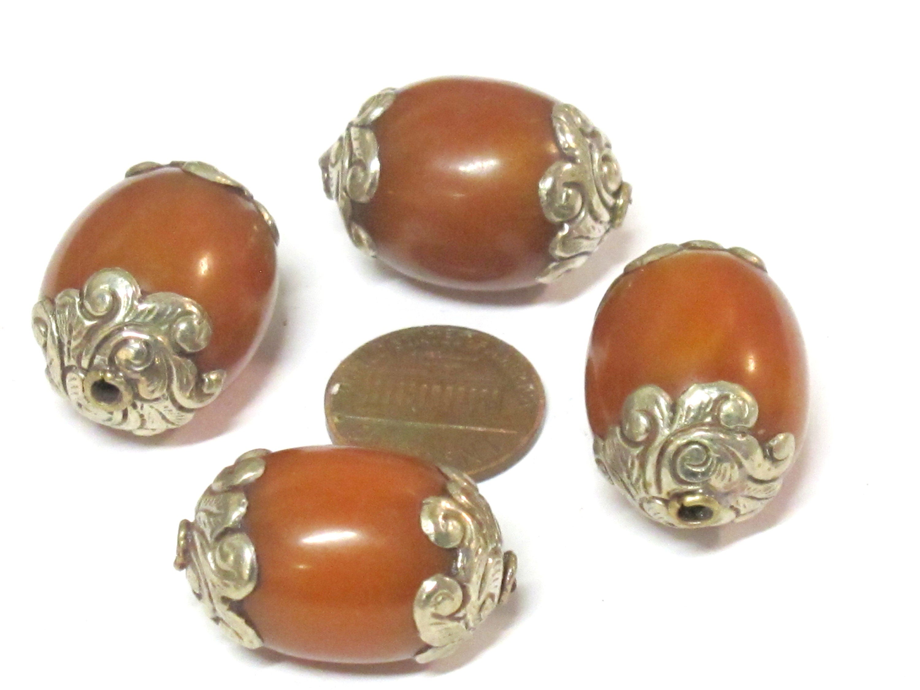 2 Beads - Large Thick Tibetan copal resin silver color capped bead - BD527Cx