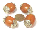2 Beads - Large Thick Tibetan copal resin silver color capped bead - BD527Cx