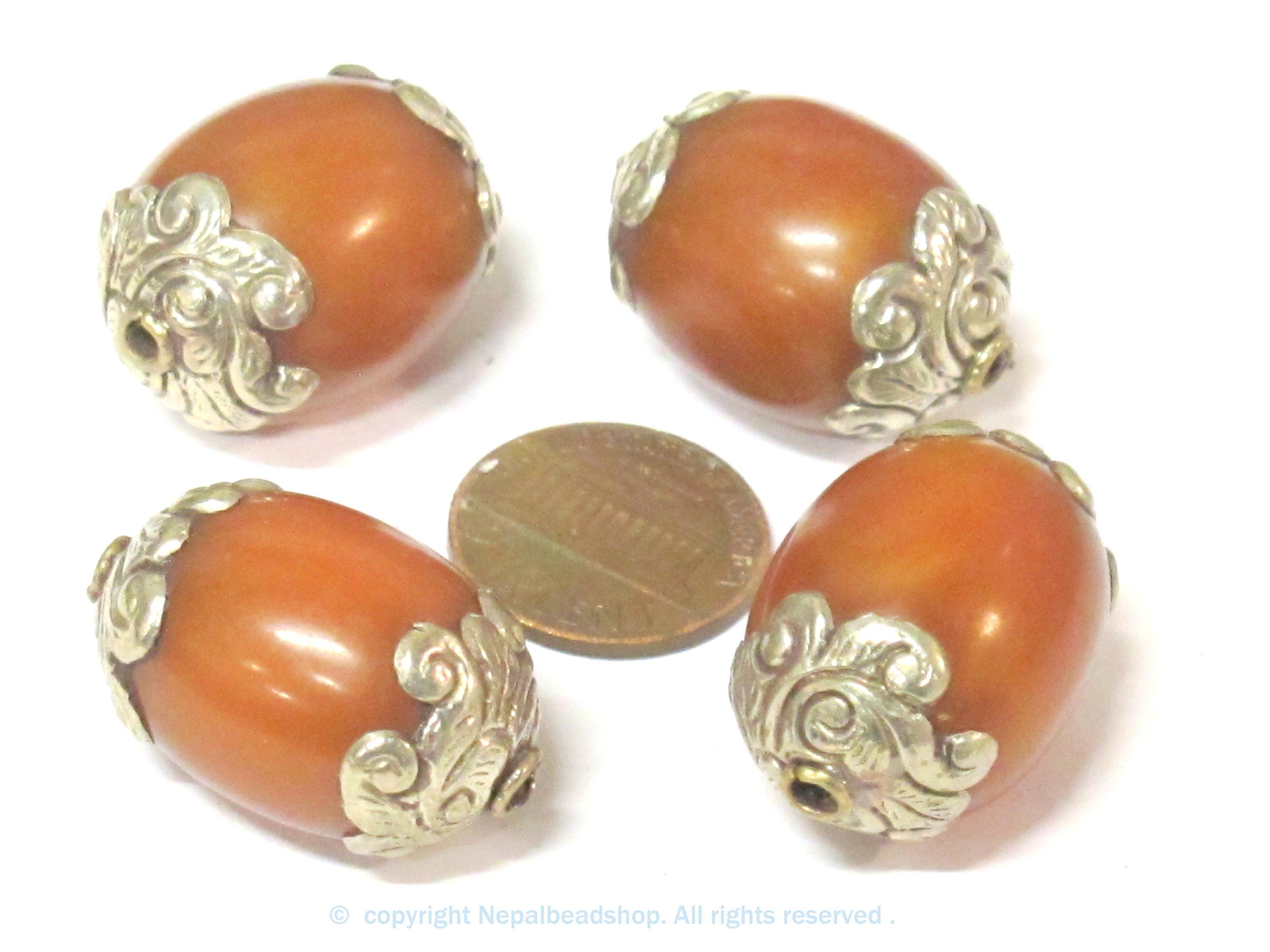 2 Beads - Large Thick Tibetan copal resin silver color capped bead - BD527Cx